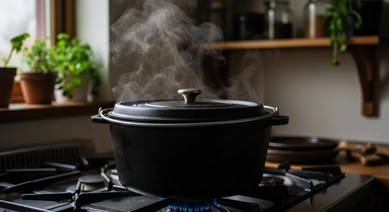 یک قابلمه چدنی سنگین روی اجاق گاز که در آن یک خورش در حال پخت است و حس اصالت را منتقل میکند.