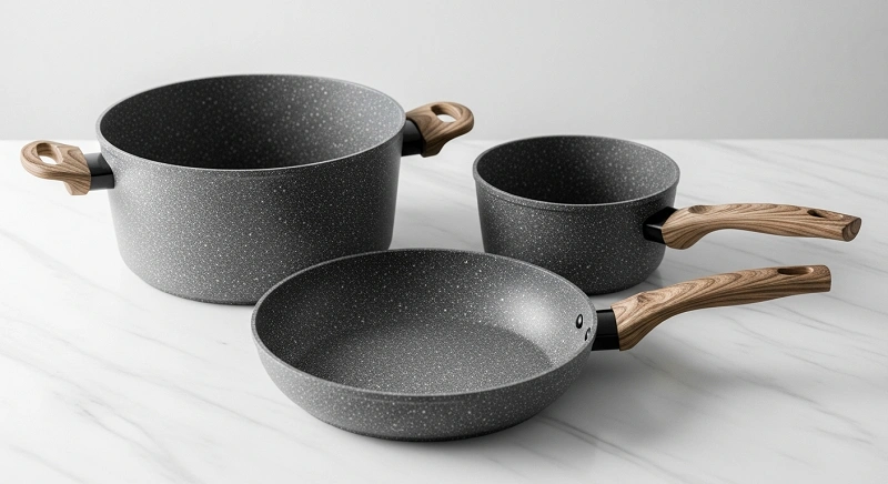 یک سرویس قابلمه گرانیتی طوسی رنگ با دستههای طرح چوب روی یک کانتر آشپزخانه مدرن.