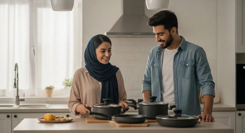 یک زوج جوان در حال انتخاب بهترین سرویس قابلمه برای جهیزیه در آشپزخانهای مدرن و روشن