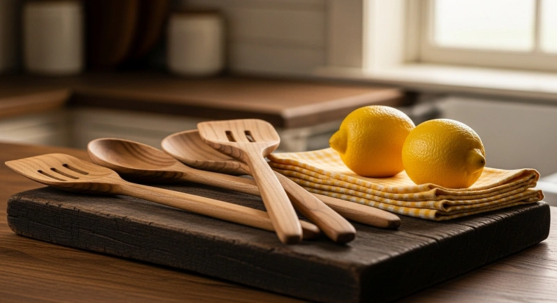 کفگیرهای چوبی آشپزخانه در کنار لیموهای زرد تازه