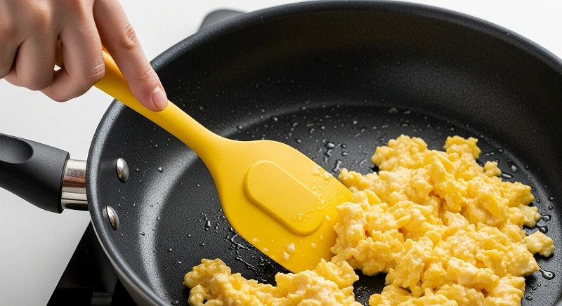 استفاده از کفگیر سیلیکونی زرد روی تابه نچسب برای جلوگیری از خش