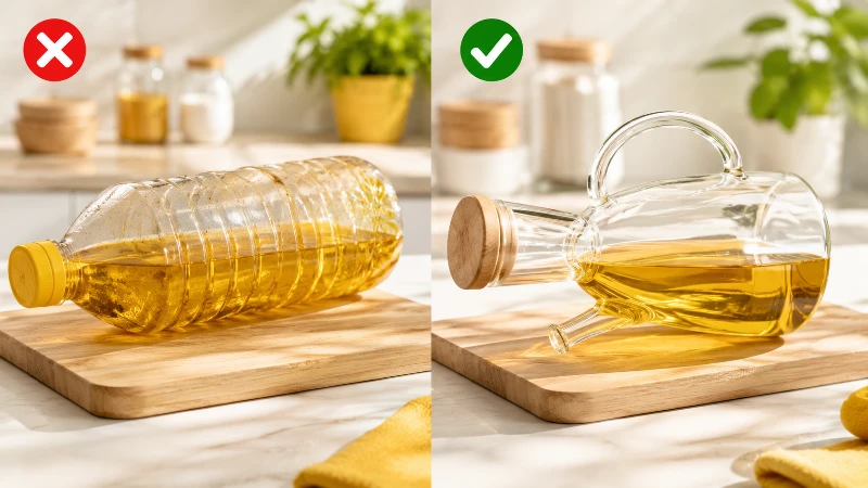 عکس مقایسه ظرف روغن ریز شیشه ای پیرکس با بطری پلاستیکی بی‌کیفیت در دکوراسیون آشپزخانه مدرن.