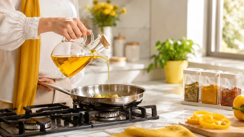 عکس باکیفیت از کاربرد ظرف روغن ریز شیشه ای پیرکس با درب سوپاپ دار در کنار اجاق گاز و ست پاسماوری.