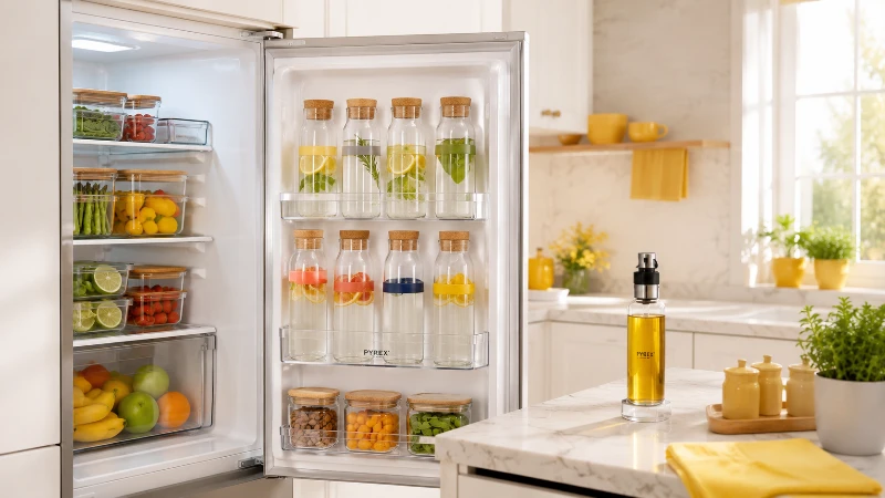 عکس چیدمان بطری آب شیشه ای فانتزی و ظرف روغن ریز شیشه ای در دکوراسیون یخچال جهیزیه عروس.