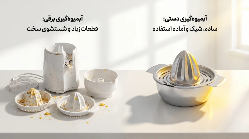 مقایسه دردسر شستشوی آب مرکبات گیر برقی با سادگی آب مرکبات گیری دستی فلزی در آشپزخانه.