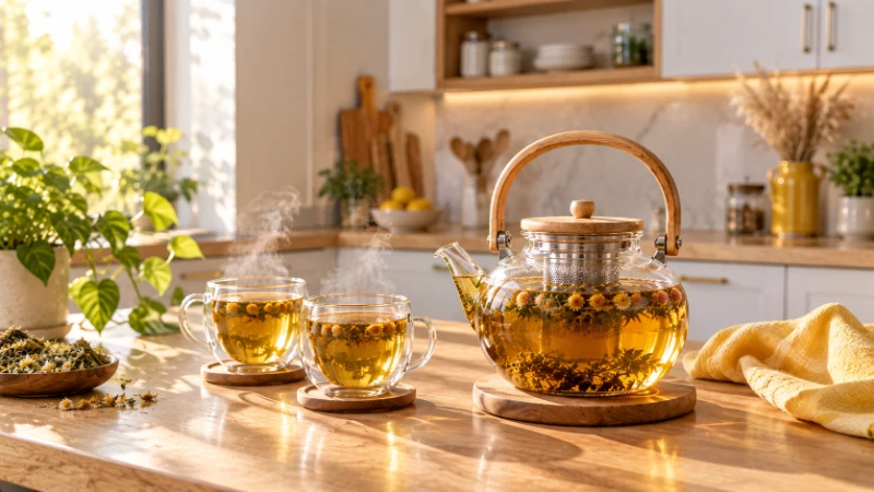 خرید قوری دمنوش پیرکس با دسته چوبی و ست چایخوری در چیدمان عصرانه آشپزخانه مدرن