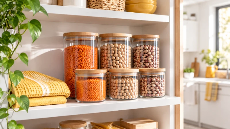 چیدمان ست بانکه حبوبات 6 عددی شیشه‌ای روی شلف کابینت آشپزخانه سرای خوشبختی