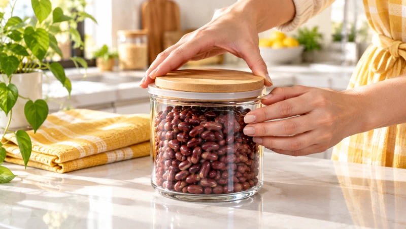 بستن درب چوبی واشردار ست بانکه حبوبات برای هوابندی و حفظ تازگی در سرای خوشبختی