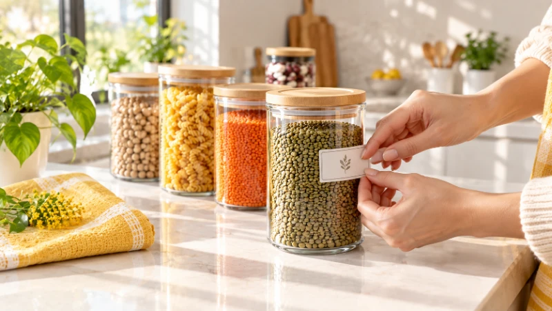 برچسب‌گذاری و چیدمان اصولی ست بانکه حبوبات پیرکس در آشپزخانه سرای خوشبختی