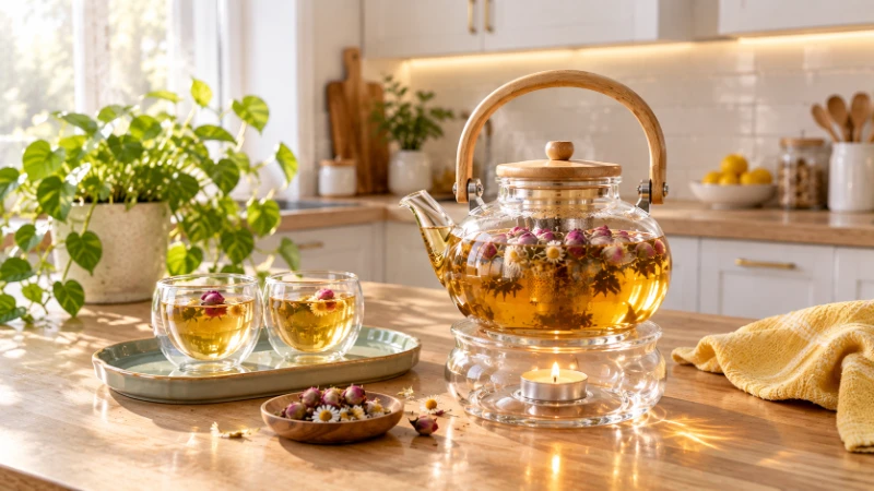 ست قوری دمنوش پیرکس دسته چوبی روی پایه وارمر شمعی در چیدمان میز عصرانه