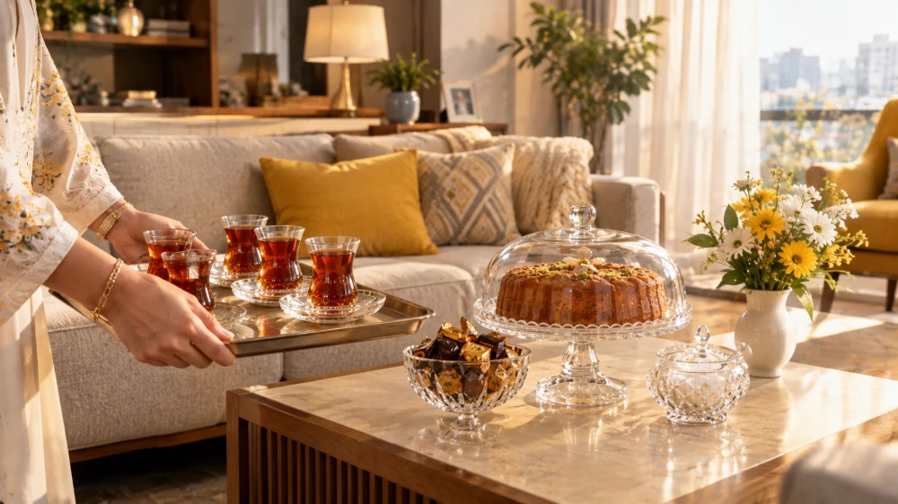 چیدمان ظروف ضروری پذیرایی برای مهمانی روی میز جلو مبلی و تعارف سینی چای در خانه ایرانی