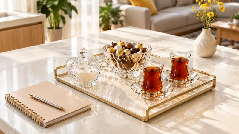 چکلیست و اولویتبندی خرید ظروف پذیرایی ضروری برای جهیزیه روی کانتر آشپزخانه