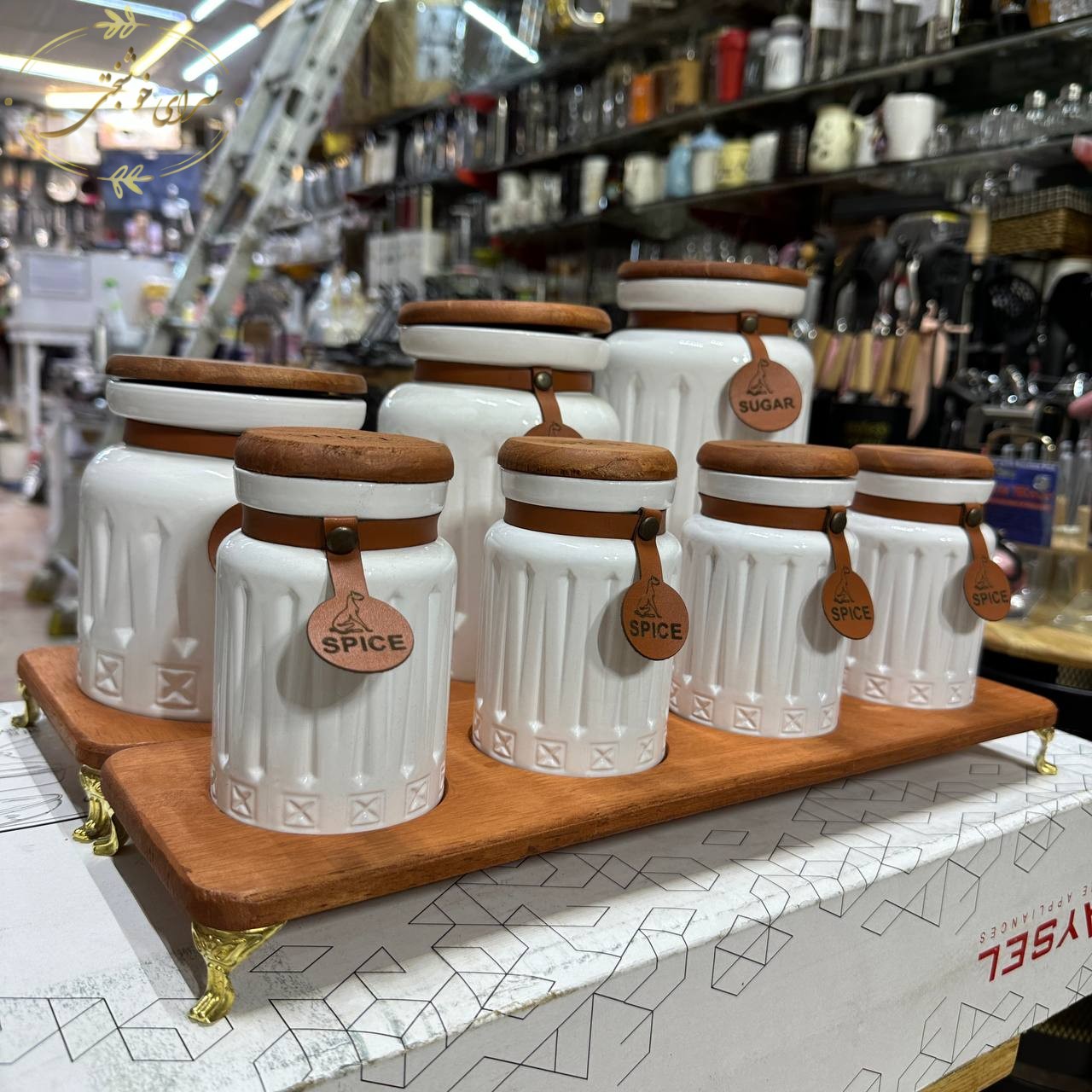 ست ادویه پاسماوری طرح سرامیک پایه چوبی