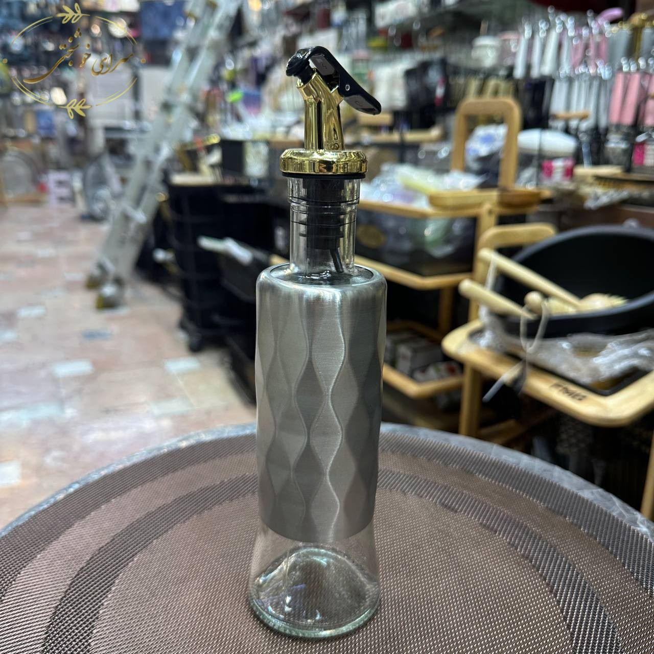 بطری روغن و آبلیمو استیل و شیشه طرح دار