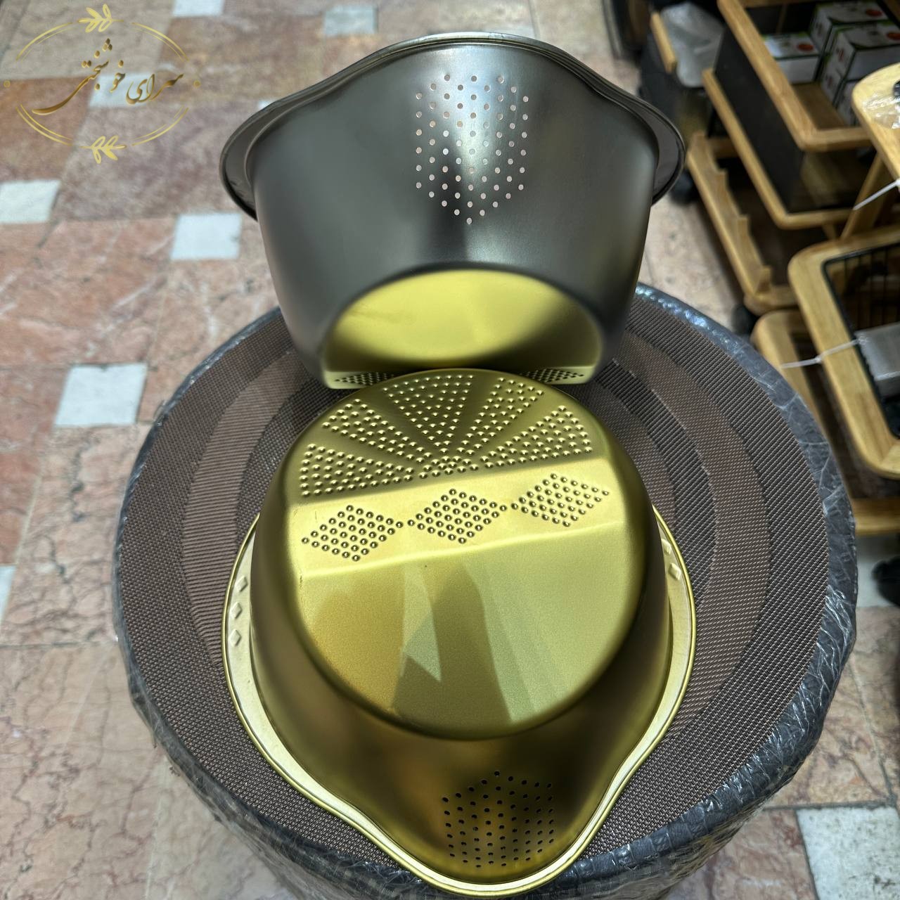 آبکش برنج استیل طلایی و نقرهای