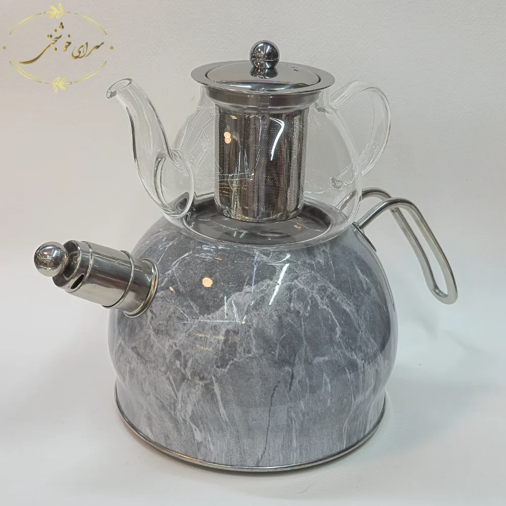 ست کتری و قوری روگازی طرح مرمر طوسی با قوری پیرکس و فیلتر استیل