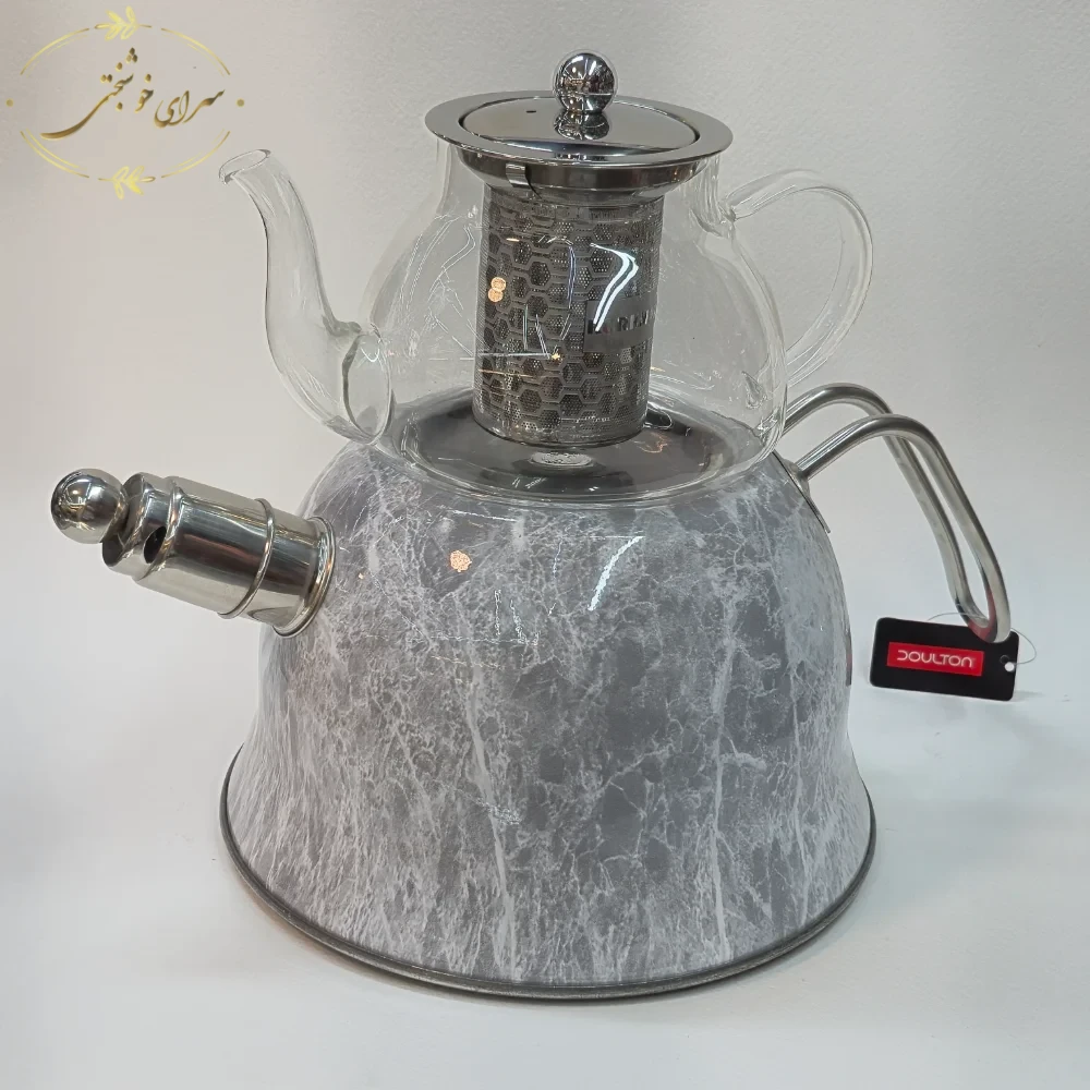 ست کتری و قوری روگازی طرح مرمر نقره ای با قوری پیرکس