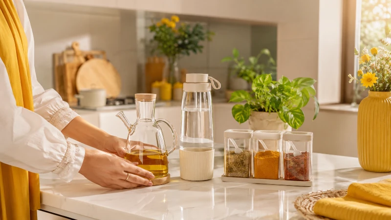 عکس باکیفیت از چیدمان مدرن بهترین ظرف روغن ریز شیشه ای پیرکس و بطری آب در یک آشپزخانه روشن ایرانی.