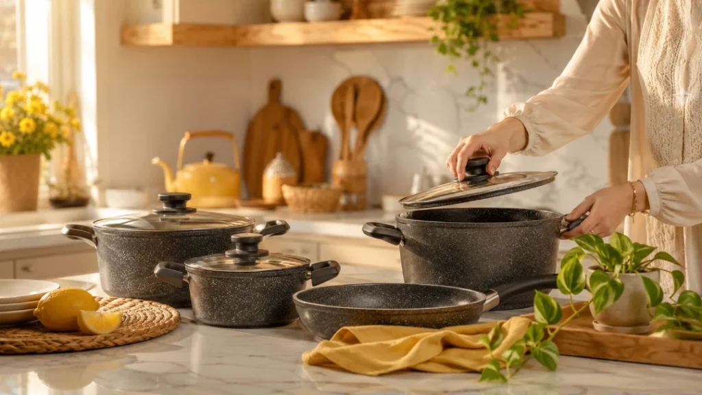 راهنمای خرید سرویس قابلمه جهیزیه با چیدمان ظروف گرانیتی و استیل استاندارد در آشپزخانه مدرن