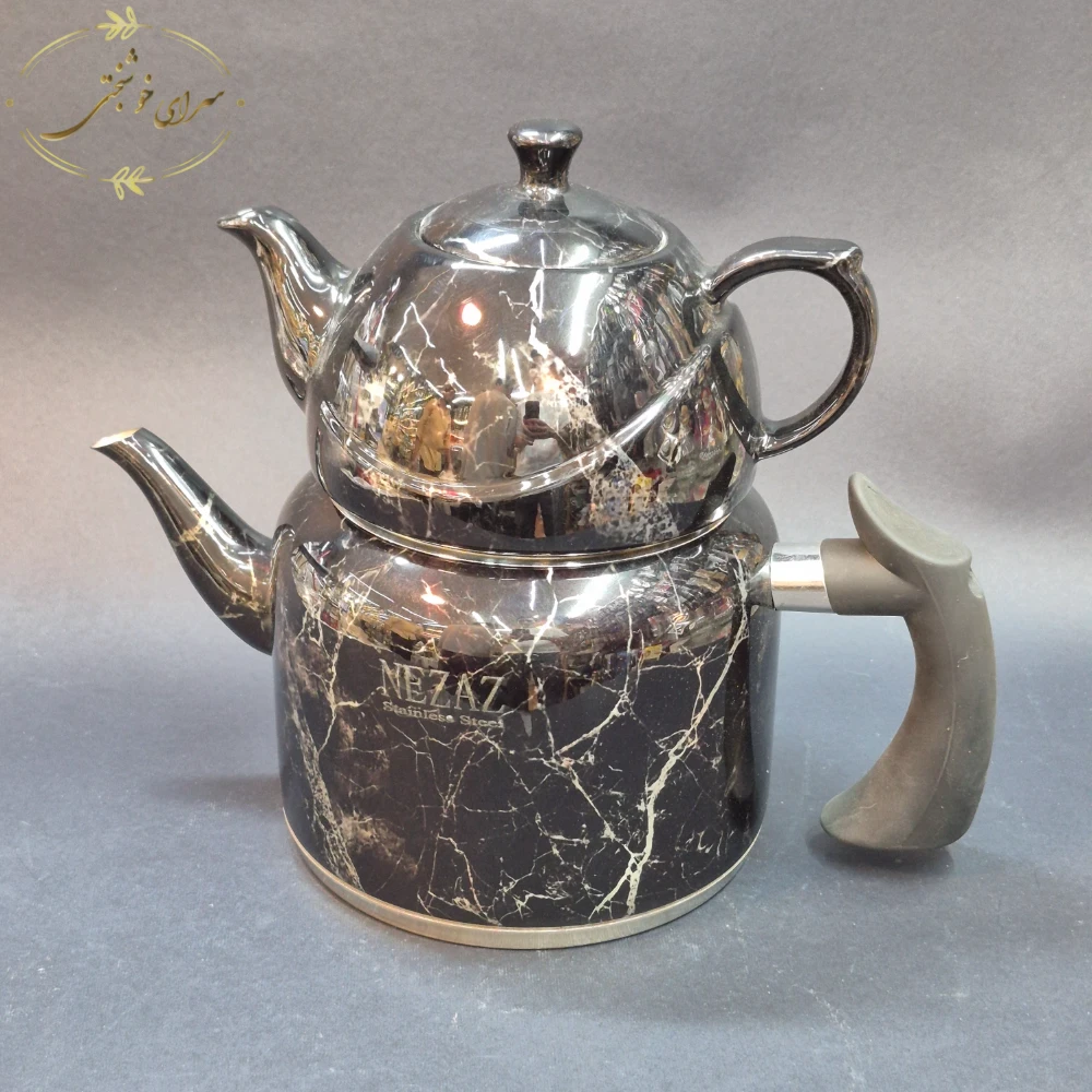 کتری لوله ای نزاز با قوری چینی ماربل مشکی 3.5 لیتری