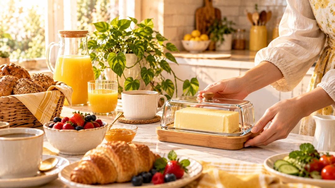 ظرف کره خوری شیک و مدرن با درب کریستالی و پایه چوبی روی میز صبحانه در آشپزخانه روشن
