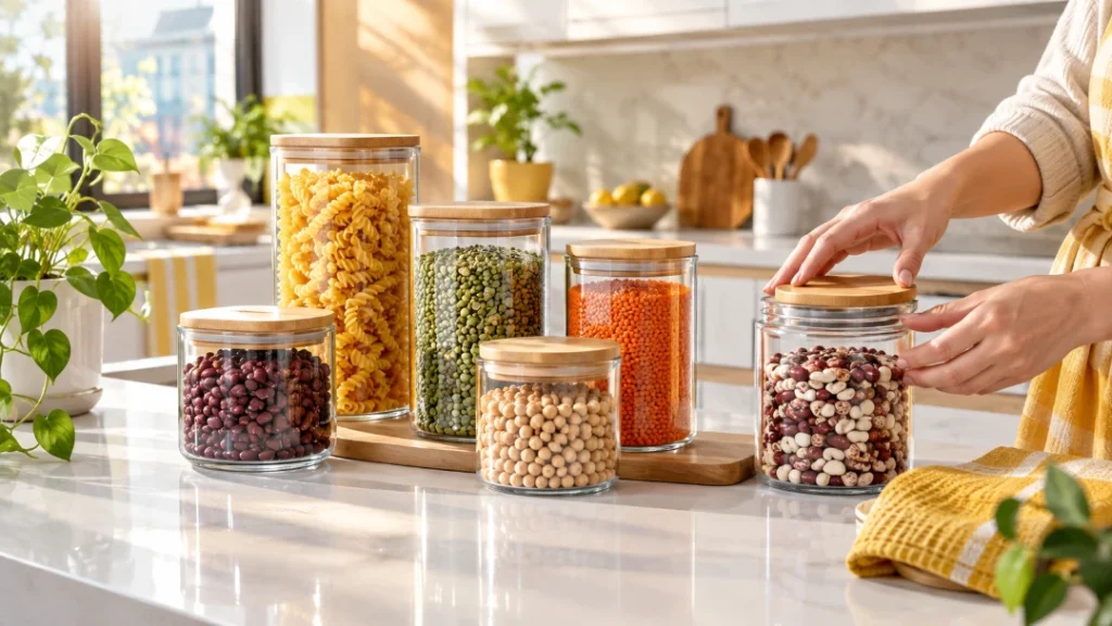چیدمان ست بانکه حبوبات شیشه‌ای و پیرکس درب چوبی روی کانتر آشپزخانه مدرن سرای خوشبختی