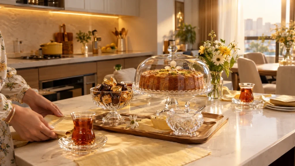 چیدمان شیک و کاربردی ظروف پذیرایی برای مهمانی عصرانه روی کانتر پرنور آشپزخانه مدرن
